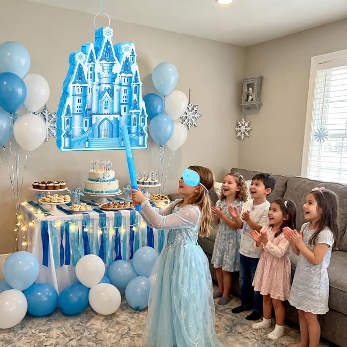 VioraWhite Princess Castle Piñata Blue Princess Birthday Party Supplies Blue Castle Piñata Set with Stick and Blindfold for Girls Kids Magical Wonderland Birthday Party Game Decorations Supplies