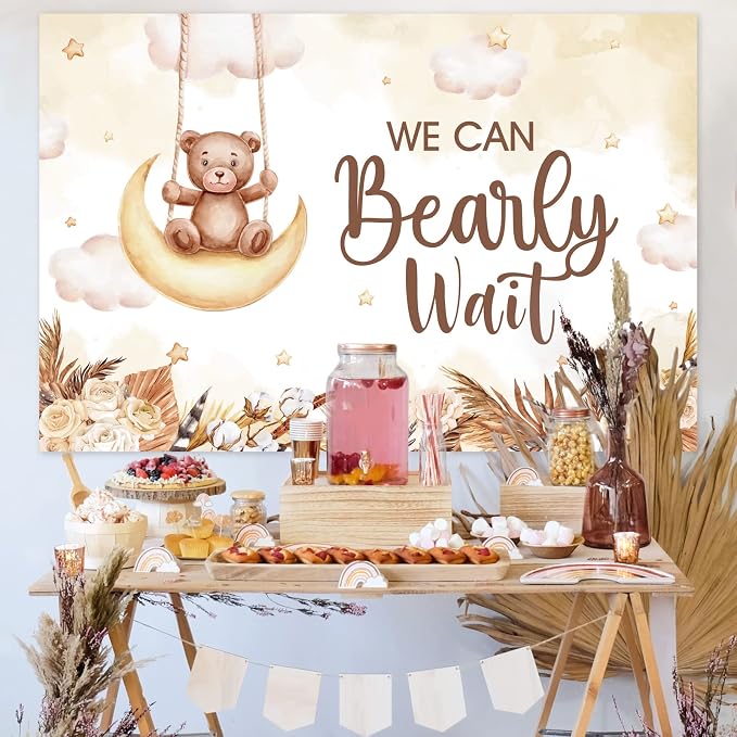 DataMoon Teddy Bear Baby Shower Party Decorations - Wood Grain Boxes with Baby Letters, 90PCS Nude and Brown Balloons, Boho Backdrop “We Can Bearly Wait” for BabyShower, Gender Reveal,Birthday Party