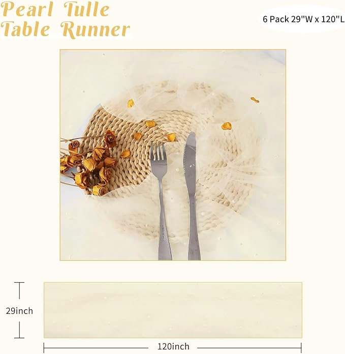 Set of 6 Pearl Table Runner 29 x 120 Inch Beige Tulle Fabric Lace Table Runners Boho Rustic Table Runners for Bridal Shower Birthday Party Wedding Arch Aisle Veil Dessert Table Decor(Beige)