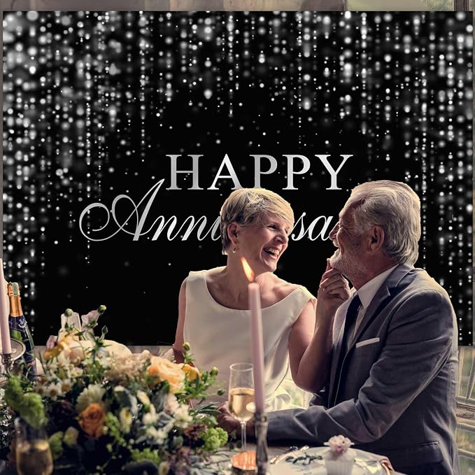 Happy Anniversary Backdrop Black Silver Anniversary Banner Cheers to Marriage Wedding Party Decorations Glitter Flowing Drapes Photography Background Photo Booth Props 10x7ft