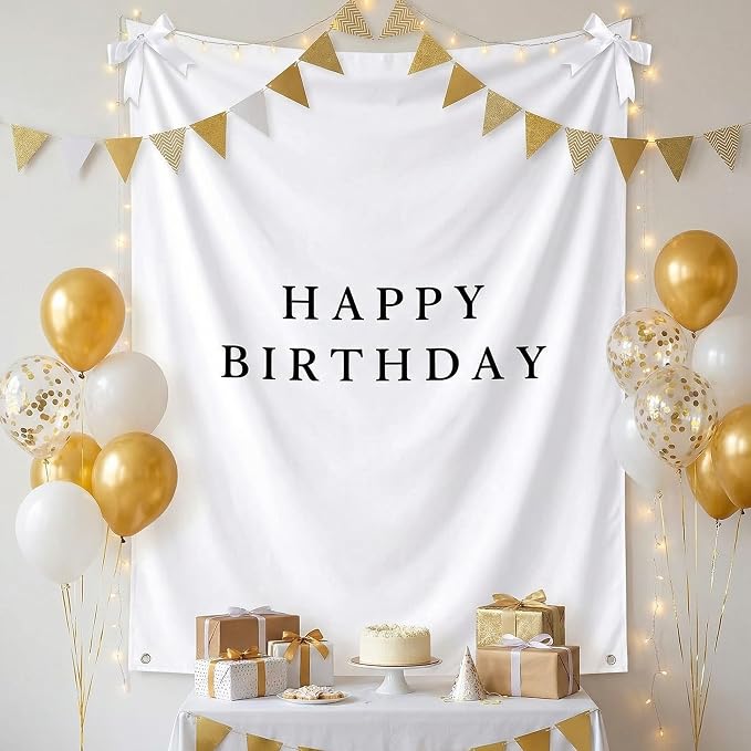 Oudain 60x78 Inch Happy Birthday Burlap Banner, Fabric Party Decorations Backdrop, Boho Rustic Photo Props Sign with Hanging String for Birthday Party Indoor Outdoor Yard Wall Decor