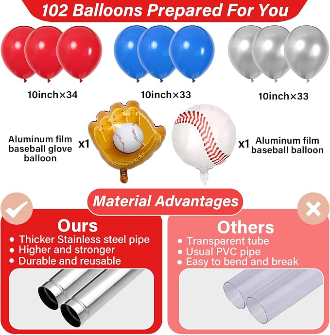 2 Sets Baseball Balloon Column Stand Kit With 102 Red Blue Silver Baseball Glove Foil Balloons Sport 5.57ft Adjustable Balloon Tower Stand With Bases Adjustable Arch Column for Game Birthday Supplies