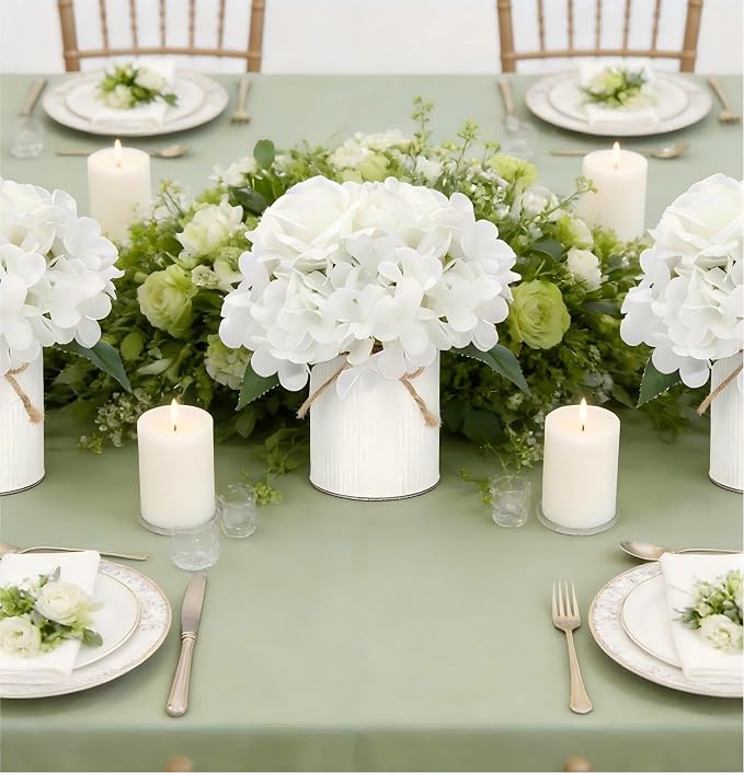 Flower Table Centerpieces - Set of 6 Floral Arrangement Artificial Wedding Hydrangeas Floral Arrangement with Rustic Metal Vase for Bridal Tea Party Event Decorations - White