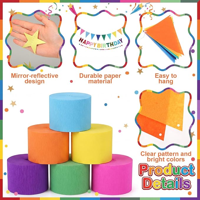 Mifoci 313 Pcs Happy Birthday Decorations Kit 300 Sheets Paper Chains Strips Birthday Felt Banner 492 ft Crepe Paper Streamers 52.4ft Star Garlands for Party Supplies DIY Crafts(Dopamine Colors)