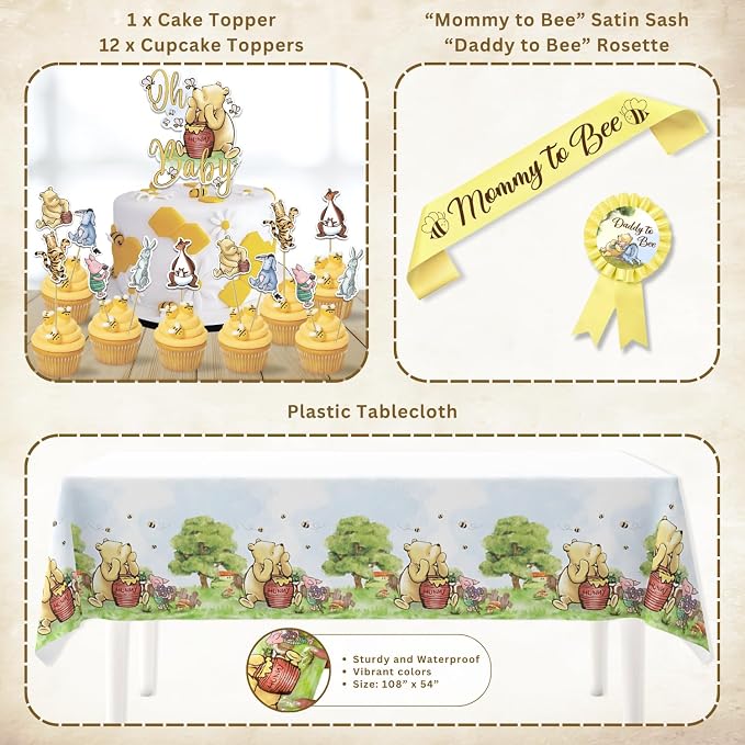Winnie Baby Shower Decorations – the Pooh Backdrop, Balloons & Banner Kit | 2026 Family Choice Award winner - reusable Oxford-cloth backdrop (not paper), 39 balloons, banner, toppers & printable games