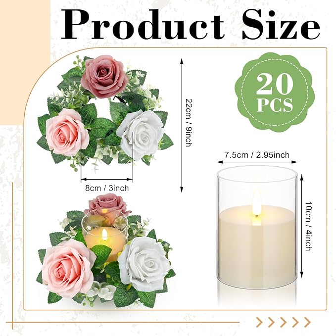 Yunlly 20 Pcs Rose Candle Rings with Flameless Candles Sets, Artificial Flower Eucalyptus Wedding Centerpiece 3 Inch Pillar Candleholders Wreaths for Wedding Party Mother's Day (Pink,White)