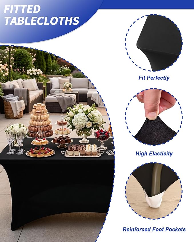 Fixwal Black Stretch Table Cloth Rectangle 4 Pack 6Ft, Spandex Fitted Table Covers Washable for Party, Trade Show, Banquet, Wedding, Buffet