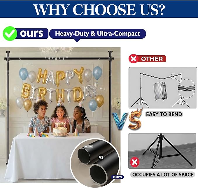 JILRON Backdrop Stand Heavy Duty Spring-Loaded Adjustable Photo Backdrop Stand, Sturdy Thickened Support, Adjustable Width 35-100" Height 43-120", Easy Setup for Photography, Parties- Black