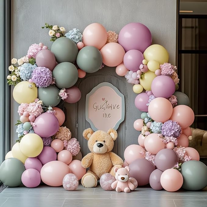 Dusty Green Pink Yellow Balloon Garland Double Stuffed Pastel Pink Yellow Haze Purple Green Floral Pastel Balloons Arch Kit for Birthday Wild Flower Tea Baby Shower Garden Party Decoration