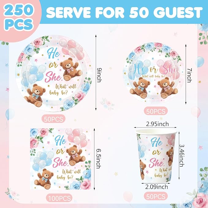 Funnymoom 250 Pcs Bear Gender Reveal Paper Plates and Napkins Party Supplies Bear He or She Blue Pink Disposable Tableware Set for Boy Or Girl Gender Reveal Baby Shower Party Decoration