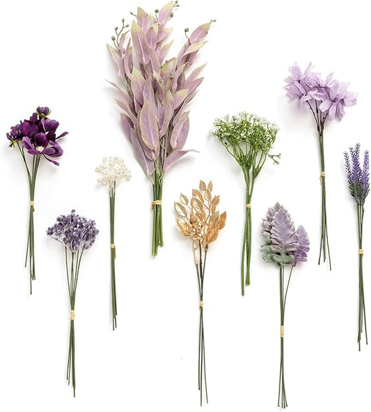 Ling's moment Artificial Greenery Stems Box Set, 42pcs with 9 Kinds of Faux Greenery Picks for DIY Bridal Bouquets Wedding Floral Arrangement Table Centerpieces, Lavender & Golden