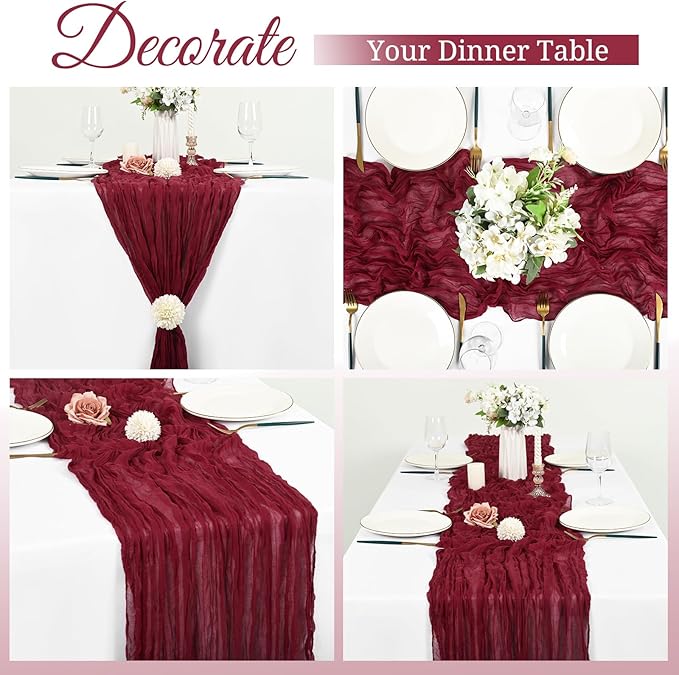 8 Pack Cheesecloth Boho Gauze 35120 Inch Rustic Romantic Long Table Runner for Wedding Party Bridal Shower Thanksgiving Christmas Decoration (Burgundy)