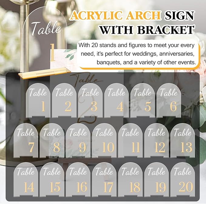 Wedding Table Numbers 1-20 with Stands 3D Gold Number 5.5” x 7” Arch Transparent Acrylic Signs with Holder Clear Acrylic Table Numbers for Wedding Reception Anniversary Party Events