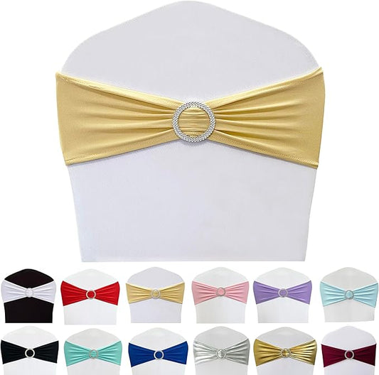 Spandex Chair Sashes Bands 50PCS Stretch Chair Ties Bows with Buckle Slider for Wedding Party Banquet Decoration (Champagne)…