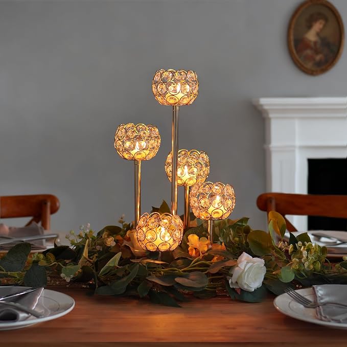 5-Arm Crystal Tealight Candelabra Centerpiece, 14.8 Inch Metal Candle Holder for Table Decor, Wedding, Christmas, Party, Anniversary & Home Decoration (4, Gold, S-14.8 in)