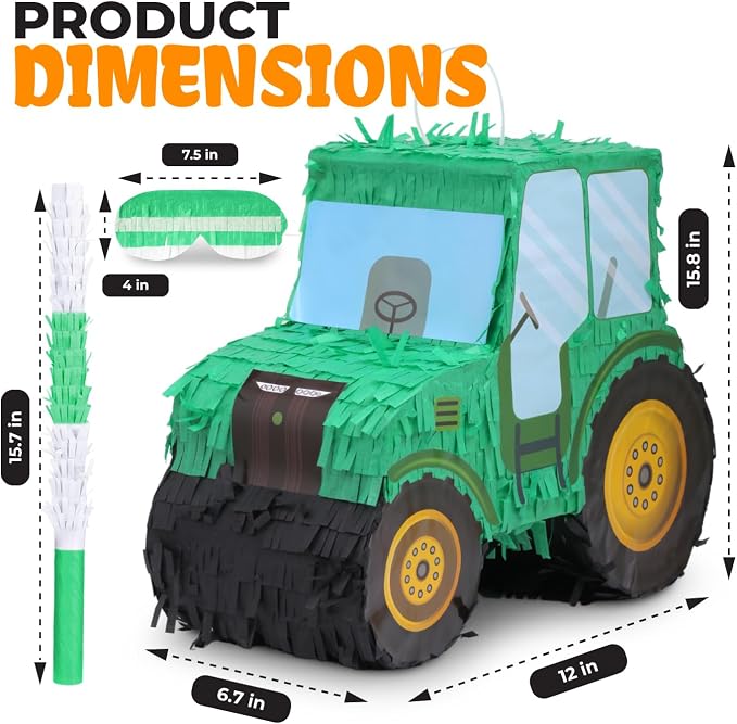 Pinatas Bundle with a Blindfold and Bat(15.8 x 6.7 x 12 Inches), Tractor Pinatas Kids Excavator Pinatas for Construction Birthday Parties, Boys Birthday Party Supplies