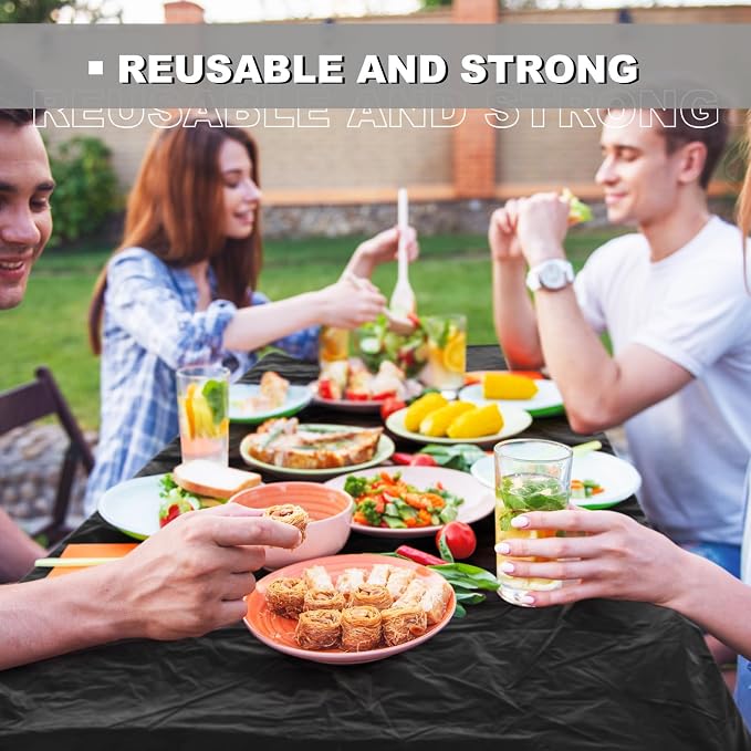 Boao 24 Pcs Black Plastic Rectangular Tablecloths, 6 Ft, 72 x 30 Inch, Windproof, Waterproof, Elastic Fitted, Disposable & Reusable, Ideal for Indoor/Outdoor, Camping, Picnic, Parties