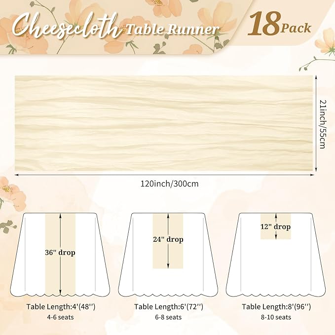 18 Pack Cheesecloth Table Runner Ivory 10Ft Rustic Boho Gauze Table Runner Romantic Long Sheer Fabric Cheesecloth Table Runner for Wedding Festival Birthday Anniversary Dinner Outdoor Events