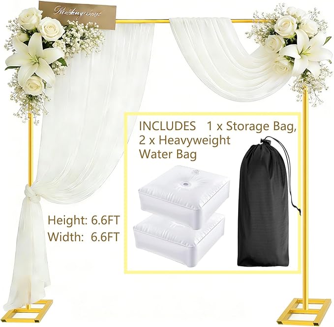 2-in-1 Dual-use Square Balloon Arch Stand Metal Wedding Backdrop Stand Party Birthday Bridal Baby Shower Flower and Floral Arch for Ceremony 6.6FT (Gold)