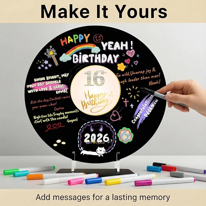 ReeGii Vinyl Record Guest Book for Birthday Decorations - Large 11.6"x11.6" Birthday Party Sign Poster with 12 Pens,Unique Keepsake Gift for Friends and Family