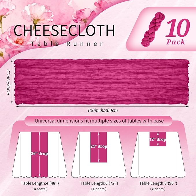 10 Pack Fuschia Cheesecloth Table Runner 10FT Boho Gauze Cheese Cloth Table Runners Romantic Rustic Sheer Table Decorations for Wedding Party Baby Shower Birthday Holiday Home