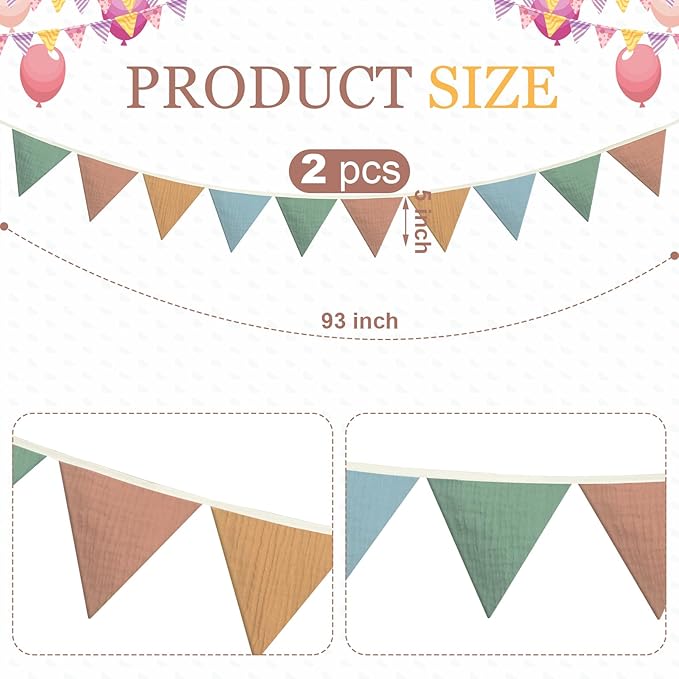 Oudain 2 Pcs Pennant Banner Flags Nursery Garland Triangle Bunting Flags Playroom Wall Decor Banner for Nursery Baby Shower Birthday Boho Wedding Party Event, Each 7.75 ft(Warm Color)