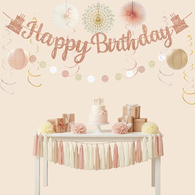 Champagne Gold Beige Birthday Party Decorations, Happy Birthday Banner, Paper Pompoms, Lanterns, Fans, Hanging Swirls, Circle Dots Garland Tassel Garland for Birthdays Party Decorations 37pcs