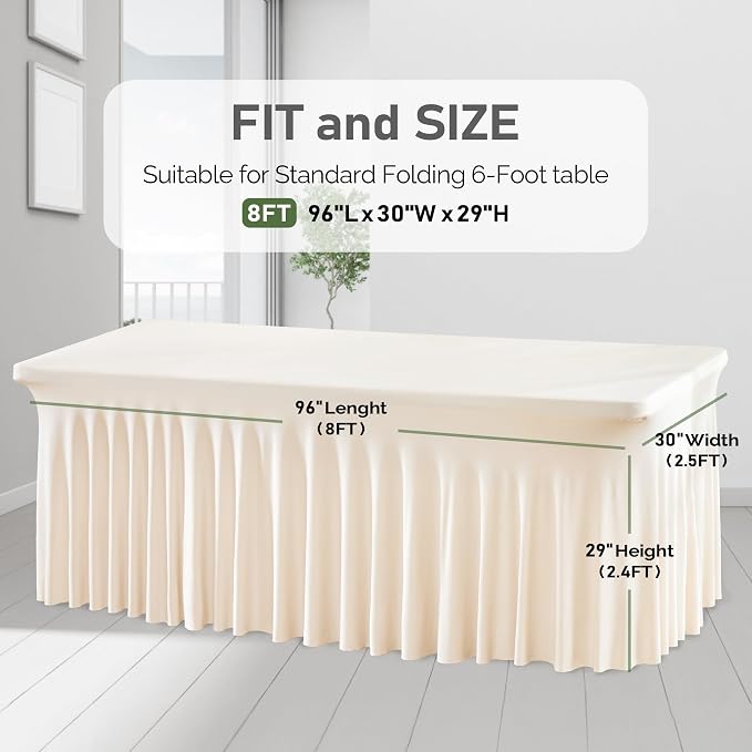 6 Packs Ivory Table Clothes for 8 Foot Rectangle Tables, One-Piece Wrinkle Resistant Stretch Spandex Table Covers with Skirt for Event Banquet Wedding Birthday Party