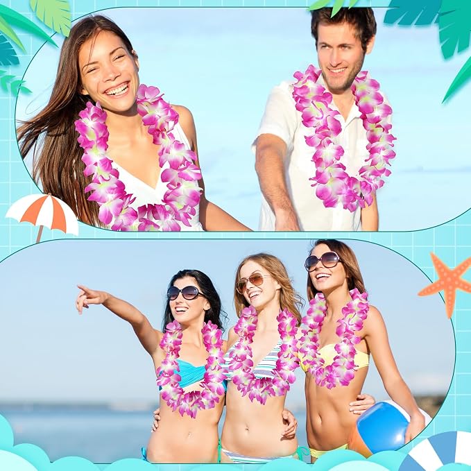 Sherr 48 Pcs LED Hawaiian Leis Light up Flower Leis Necklace with LED Lights Luau Flowers Necklaces for Masquerade Beach Wedding Tropical Themed Party Supplies(Purple)