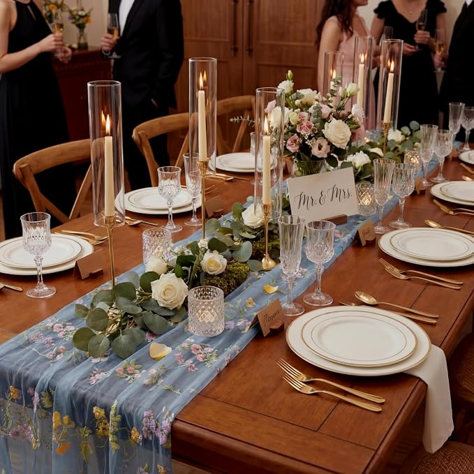 Blue Floral Table Runner 10ft Embroidery Tulle Spring Wildflower Table Runner Seasonal Summer Butterfly Kitchen Dining Gauze Decoration for Wedding Baby Bridal Shower Birthday Party (3 Pcs)