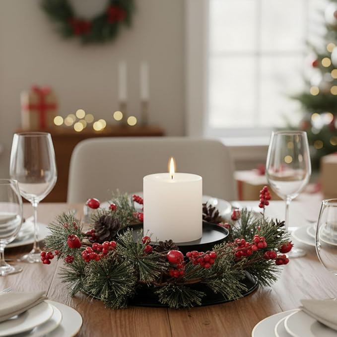 MOYEE Christmas Winter Centerpieces for Tables Candle Ring, Black Metal Candlestick with an Artificial Wreaths 14 in Versatile Dining Table Centerpiece Decor (Pine Needle Wreath)