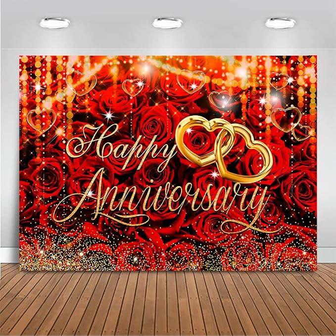 Mocsicka Happy Anniversary Backdrop Wedding Together Anniversary Party Decoration Red Rose Florals Gold Bokeh Heart Background Wedding Couple Love Party Supplies (Red, L-(96x72 inch))