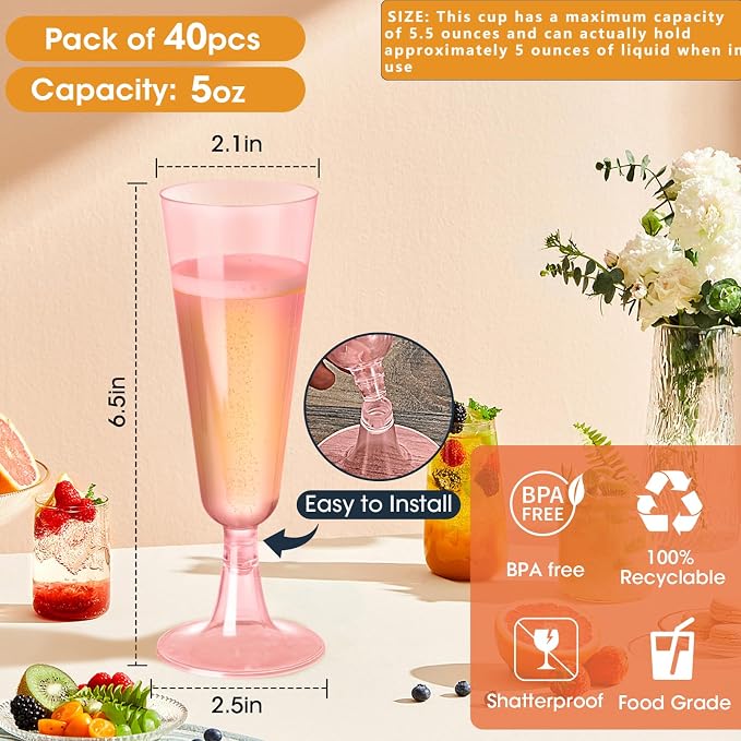 SUREHOME Pink Champagne Flutes Plastic Champagne Glasses Disposable Mimosa Glasses 40 Pack 5 Oz Acrylic Stemware Cocktail Cups Bulk for Valentines Wedding Toasting Engagement Party Supplies