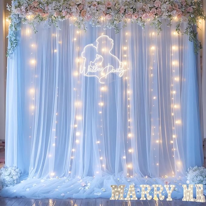 Baby Blue Sheer Tulle Backdrop Curtains with Lights String for Parties Baby Shower Decorations for Boy Bridal Shower Birthday Party Photo Shoot Background Wall Decorations 10×8ft(2 Panels 5×8ft)