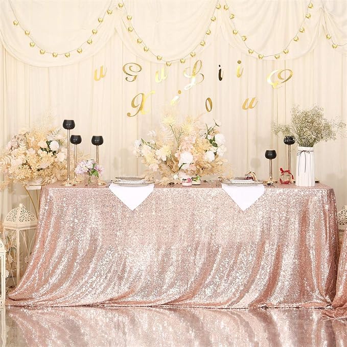 Eternal Beauty Rose Gold Tablecloth, 50x80 Inch Sequin Rectangle Table Cover for Mother's Day Cake Dessert Exhibition Party Birthday Events