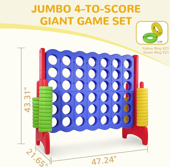 Peekabu Giant 4-in-A-Row Connect Game Outdoor, 3.5FT Jumbo 4-to-Score Yard Game for Kids & Adults, 42 Rings & Quick-Release Slider