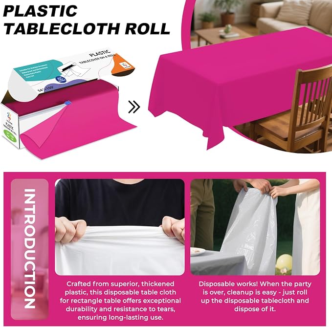 54IN X 160FT Plastic Table Cover Roll with Cutter Box, Cut to Size Plastic Table Cloths for Parties, Birthday, Disposable Tablecloth Roll for All Shape Tables (Fuchsia, 54 Inch X 160 Feet)