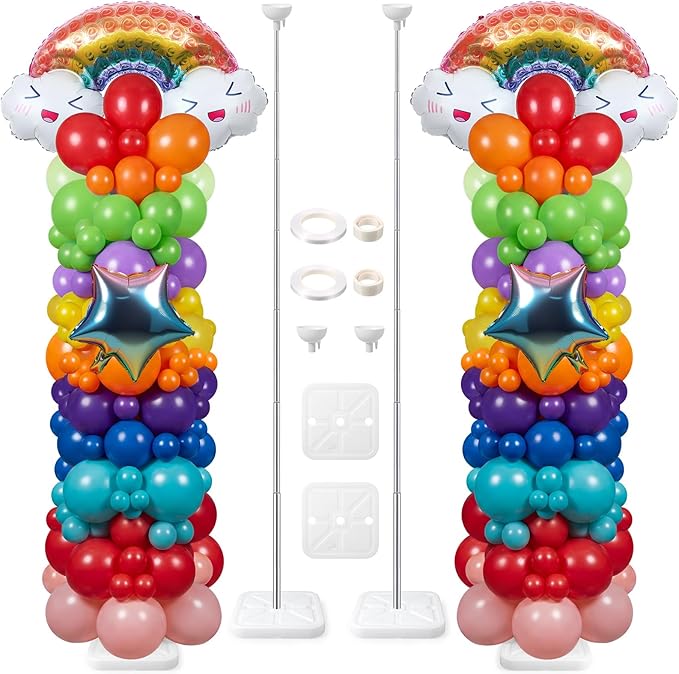 Skylety 2 Sets Rainbow Balloon Column Stand Kit Adjustable Colorful Balloon Stand with Bases for Birthday Wedding Anniversary Graduation Party Baby Shower Decorations Supplies
