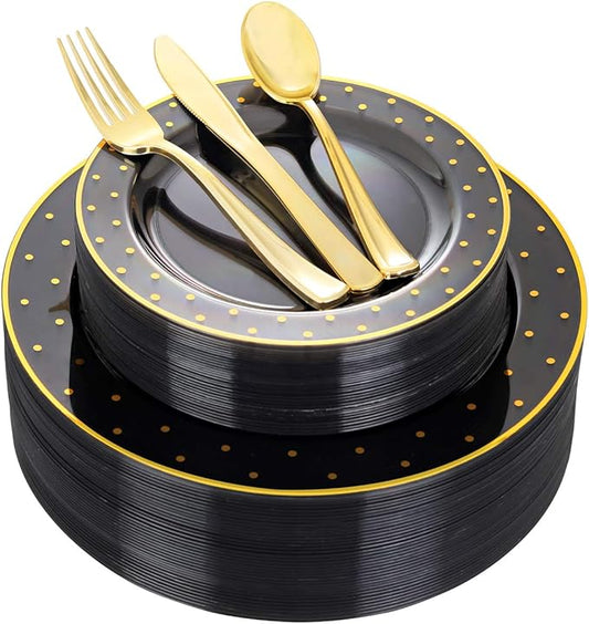 DaYammi 200Pcs Gold and Black Plastic Plates with Silverware,Black Disposable Plates for Party Black Gold Supplies Includes 40 Dinner Plate,40 Dessert Plate,40 Forks,40 Knives,40 Spoons for Party