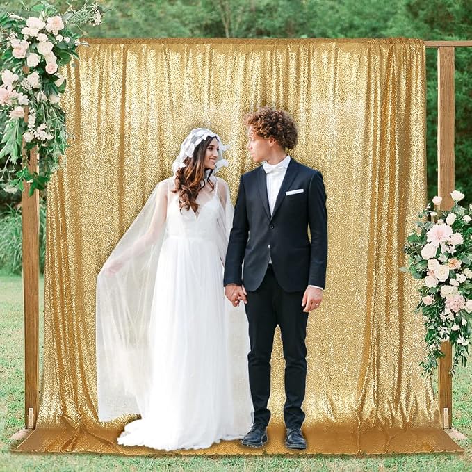 PartyDelight Gold Sequin Backdrop 6x7ft 4 Inch Rod Pocket | Dense 3mm sequins on mesh backing with 4 inch rod pocket for full body photos ceremony arches party walls and stage displays
