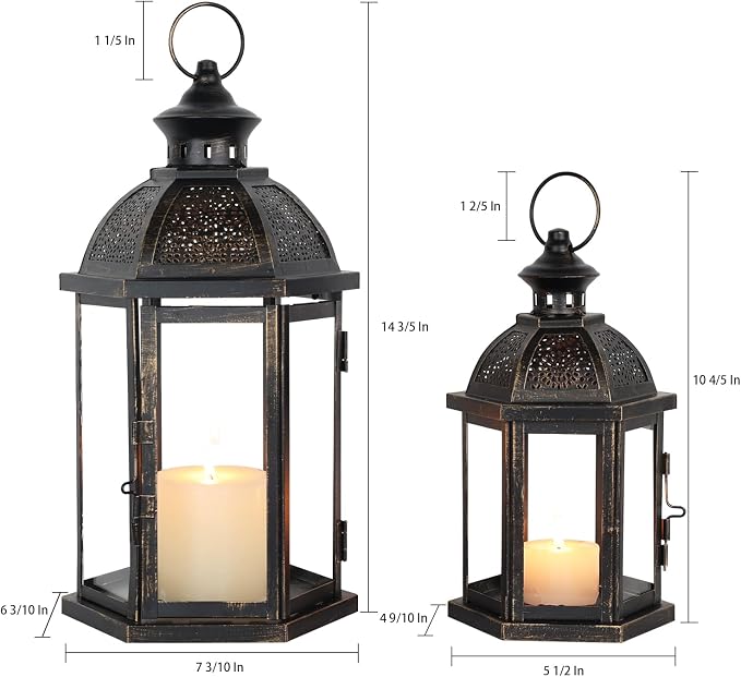 Large Lantern Decorative Outdoor & Indoor, Set of 2 (15’’&11’’) Metal Candle Lanterns Decor, Vintage Hanging Candle Holder for Front Porch Patio Wedding Farmhouse Home, Spring Decoration
