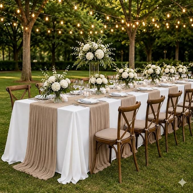Cinrobiye 12 Pack Boho Wedding Table Decor Set, 6 White Tablecloths and 6 Cheesecloth Table Runners, Gauze Table Runner and Tablecloth Kit for Wedding Baby Shower Bridal Shower Party Reception(Coffee)