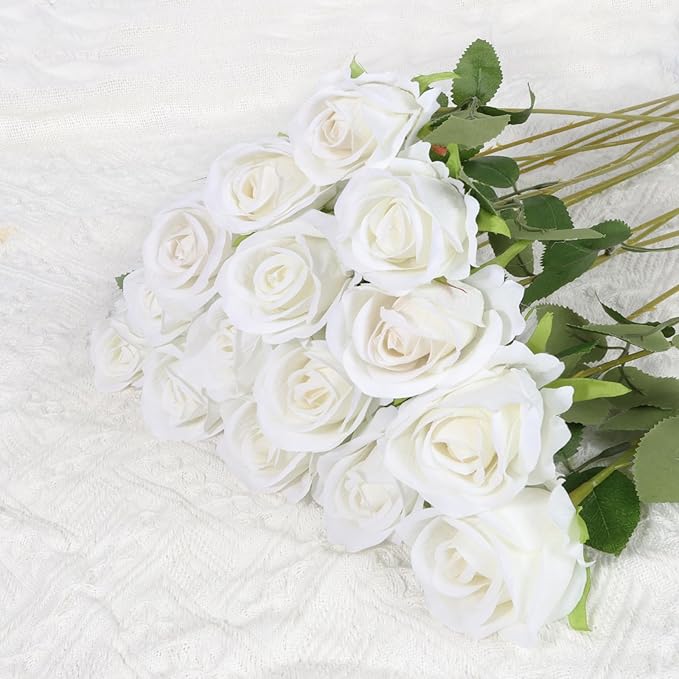 50 Pcs Artificial Silk Roses Flowers Bulk Realistic Long Stem Faux Flower Bouquet for Wedding Centerpieces, Valentine's Day Decor, Home Arrangements, Table Decorations(White)