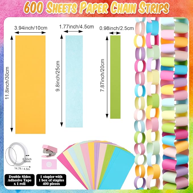 TaoBary Birthday Party Decor Kit 600 Sheet Paper Chain Garland Strips 656ft Crepe Paper 52ft Star Garland 52ft Felt Pennant Flag rainbow Ceiling Swirls 50 Balloons for DIY Birthday Wedding Party