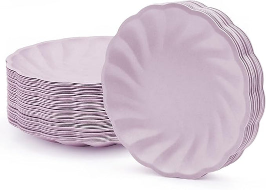 9" Disposable Paper Plates 50 Pcs Scalloped Paper Trays 100% Biodegradable Purple Dessert Plates Party Platters for Everyday Meals, Birthday, Picnic and Wedding
