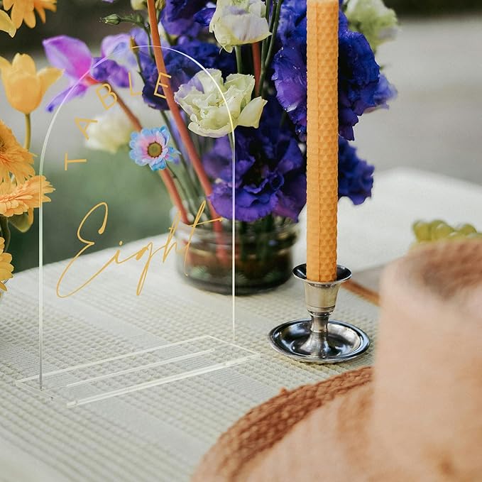JINMURY Acrylic Arch Table Numbers with Stands, 5x7 Inch Acrylic Arch Sign Table Numbers for Wedding (Clear Gold Font, 5x7 Inch Table Number 1-25)