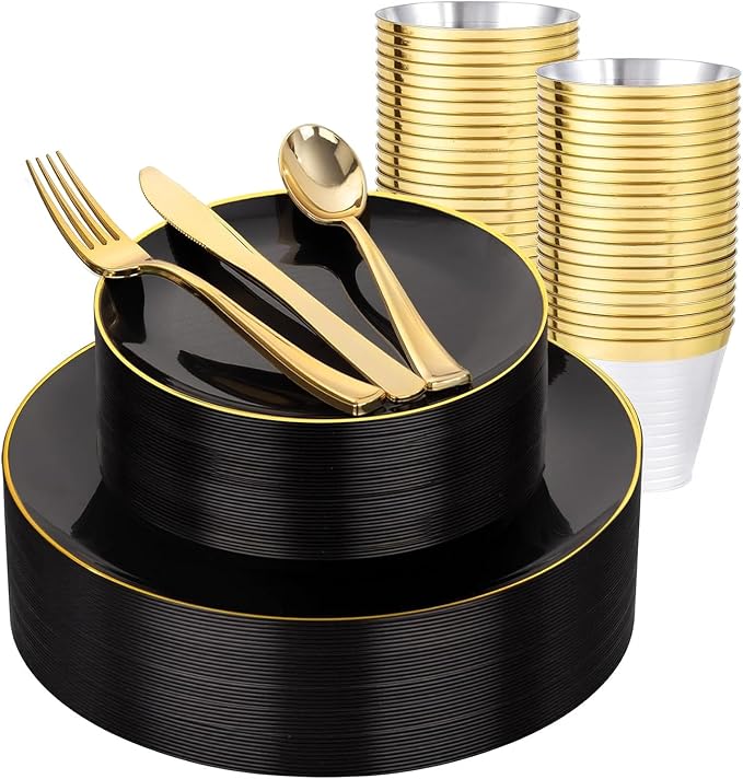 WDF 150PCS Black Plastic Plates - Black and Gold Plates Disposable - 25 Guest Disposable Dinnerware Sets for Party/Wedding/Halloween