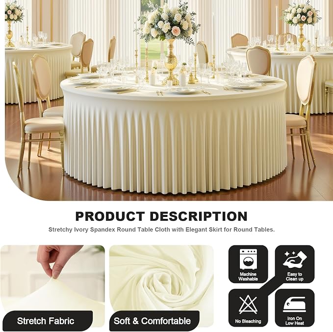 72 Inch Ivory Round Tablecloth – Washable Stretch Spandex Fitted Table Cover with Elastic Edge for 6FT Circular Table, Reusable Dining Tablecloth for Wedding, Banquet, Party, Buffet Decor
