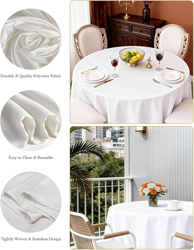 BESTVIP 6 Pack 60 Inch White Washable Round Polyester Fabric Tablecloths| Fits 20"-48" Tables |Decorative Table Cover for Wedding Party Dining Banquet, Events, Holiday, Restaurant