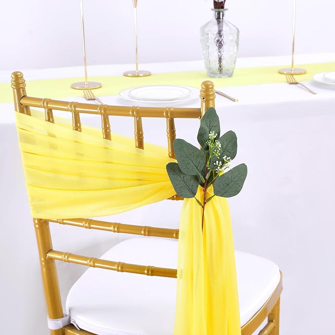QueenDream Yellow Chair Sashes Wedding: 16 Pieces Long Sheer Wedding Aisle Chair Decorations Tulle Chairs Covers with Artificial Eucalyptus